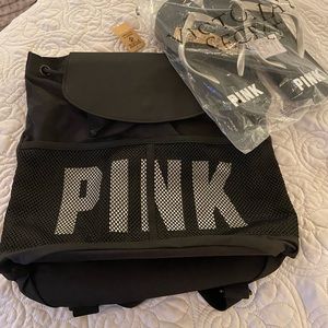 NWT! PINK BLACK BACKPACK WITH SIZE 7 FLIP FLOPS